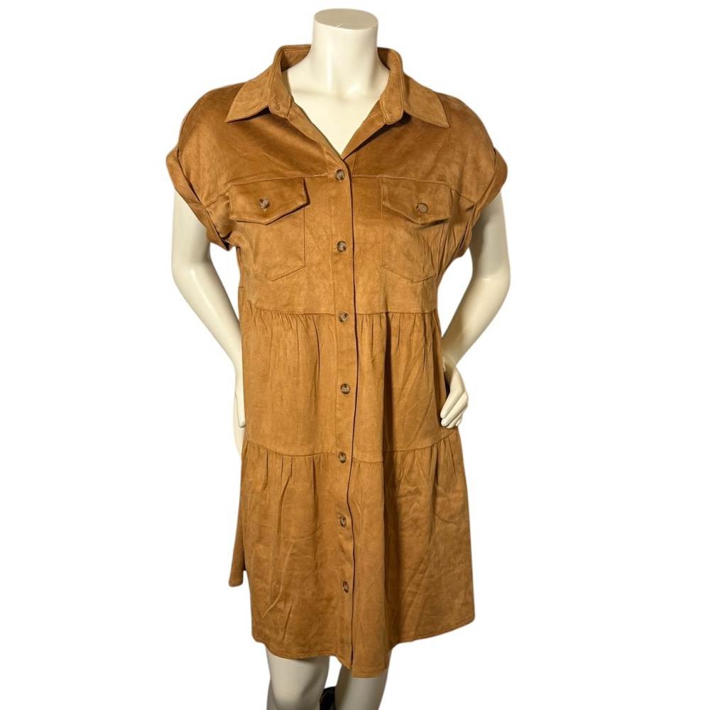 Andree By Unit Faux Suede Short Sleeve Tiered Button Dress Collared Womens L - Picture 3 of 10